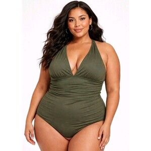 NWT RE-IMAGINED BY J CREW Womens 20 Plunge One Piece Bathing Suit Olive Green